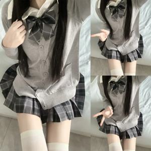 3Pc 세트 일본 한국 학교 교복 여러 가지 빛깔의 스웨터 & 격자 무늬 플리츠 스커트와 활 Jk 제복 졸업 의상 여성