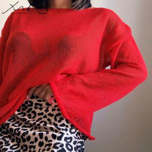 레드 T 셔츠 특대 얇은 니트 풀오버 여성 여름 트럼펫 긴 소매 T 셔츠 여성용 루즈 탑 티셔츠 투명 스웨터