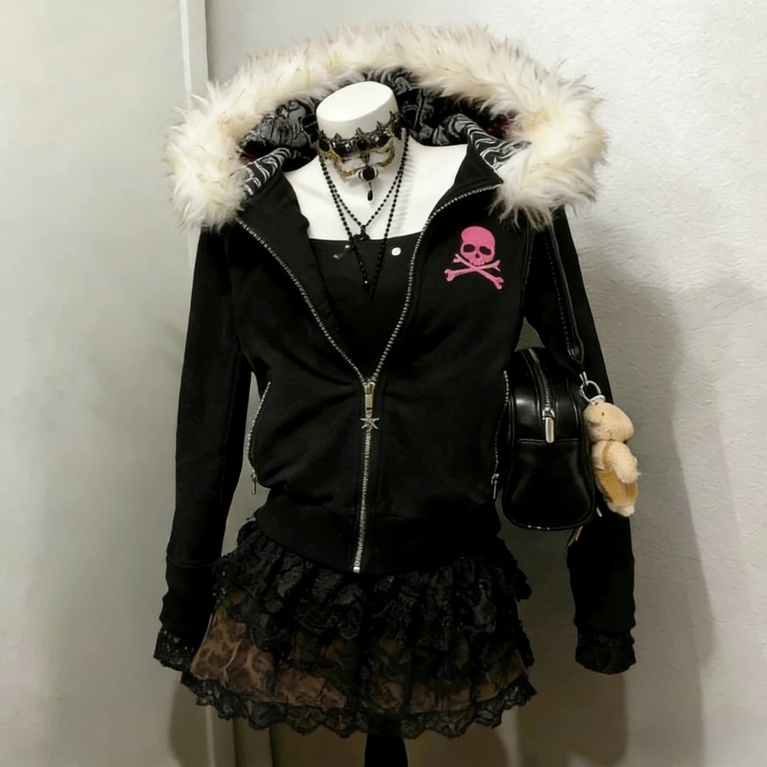 인조 모피 아메리칸 빈티지 코트, 후드 여성 Y2K 스웻셔츠, 고딕 하라주쿠 서브컬처 펑크 이모 스웻셔츠 및 재킷