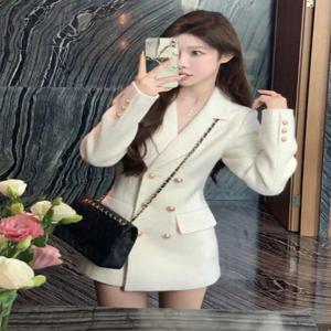 플러스 사이즈 울 수트 재킷 한국 스타일 허리 조절 리치 걸 리틀 프래그런스 스타일 2025년 봄 긴팔 슬림핏 코트