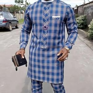 사계절 뜨거운 판매 남자 2 조각 세트 Afirican Syle Ethinic 캐주얼 파란색 격자 무늬 옷과 바지 단추 이슬람 남자 의류