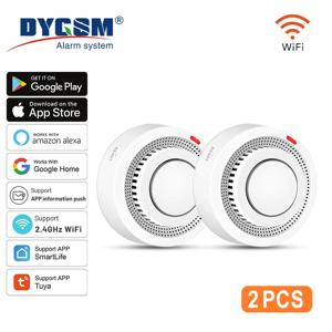 실시간 앱 경고 기능이 있는 Tuya 스마트 WiFi 연기 감지기 2팩 가정/사무실용 무선 화재 센서 알람 85dB 사운드