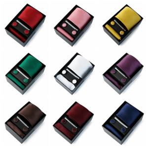 남자 넥타이 세트 솔리드 컬러 포켓 스퀘어 선물 상자 세트 웨딩 럭셔리 디자이너 넥타이 남성용 남성 넥타이 클립 Gravat Accessorise