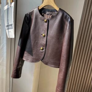 빈티지 와인 레드 여성 진짜 가죽 자켓 세련된 오-넥 싱글 브레스트 여성 첫 번째 레이어 양피 짧은 재킷 코트 2025