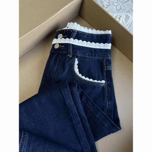 봄과 가을 여성을위한 딥 블루 청바지, 새로운 레이스 디자인 패치 워크 레트로 하이 웨이스트 루즈 스트레이트 레그 플로어 바지