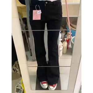 블랙 하이 웨이스트 벨 바닥 청바지 여성 가을 ​​새로운 슬림 피트 스트레치 소형 방탄 데님 바지