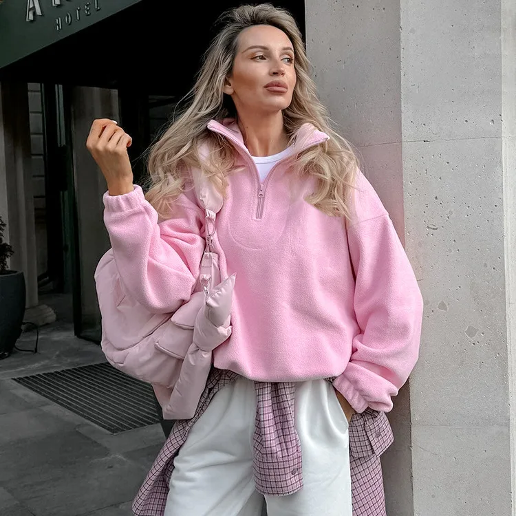 겨울 자켓 울 긴팔 후드 스웨트셔츠 캐주얼 패션 루즈 솔리드 컬러 지퍼 라펠 풀오버 스웨트셔츠