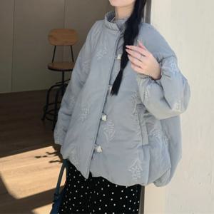부드러운 바람 칼라 자수 따뜻한 면 패딩 재킷 코트 여성 겨울 캐주얼 코트