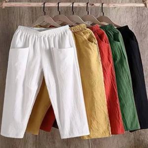여성용 코튼 린넨 스트레이트 레그 팬츠 하이 웨이스트 통기성 얇은 여름 캐주얼 루즈 9 포인트 바지 트렌디