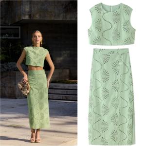 ETJ 2025 신상 여성용 우아하고 부드러운 자수 라운드넥 자켓 & 하이웨이스트 슬릿 스커트 패션 캐주얼 슈트