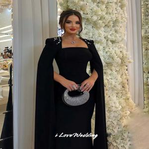 블랙 스퀘어넥 이브닝 드레스 2025 캡 슬리브 머메이드 크리스탈 플리츠 롱 드레스 (특별한 날 맞춤 제작)