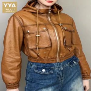 하이 스트리트 여성 펑크 후드 오토바이 짧은 코트 슬림 맞는 지퍼 봄 캐주얼 빈티지 디자인 여성 정품 가죽 자켓