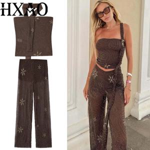 HXAO 튤 여성 투피스 세트 배기 시퀸 팬츠 세트 스트랩리스 크롭탑 비즈 롱 팬츠 투피스 세트 세미 시어 트라우저