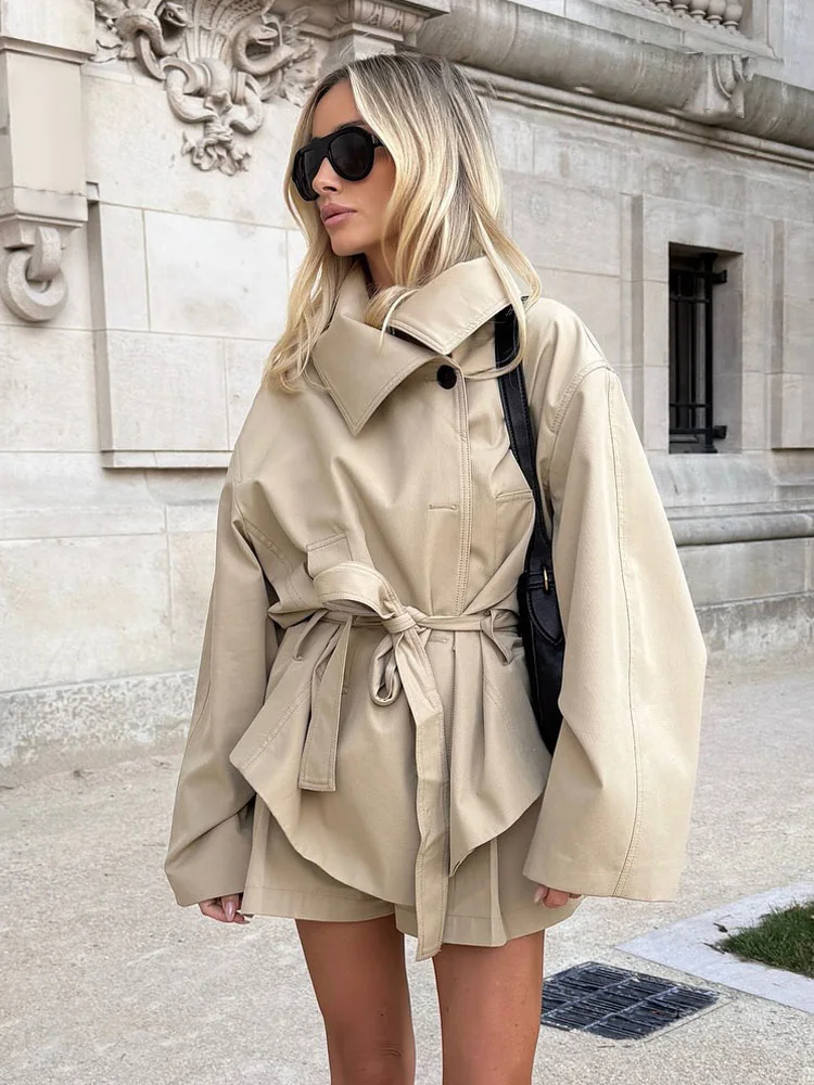 여성 하이 스트리트 숏 코트 라펠 벨트 싱글 브레스티드 가을 패션 포켓 긴 소매 솔리드 재킷
