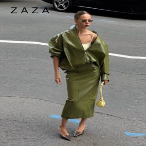 PU 가죽 재킷 스커트 세트 스탠드 칼라 루즈핏 코트 로우 웨이스트 솔리드 롱 스커트 가을 코트 스커트 세트 2025 신상 여성 의류