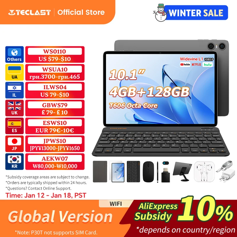 Teclast P30T 케이스 태블릿 10.1인치 디스플레이 Unisoc T606 8코어 4GB (+8GB 가상) 128GB 6000mAh 배터리 안드로이드 14 태블릿 L1 Wifi6