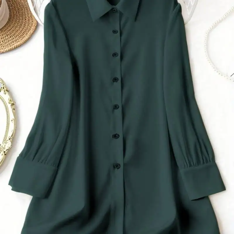 프랑스 고급 스타일 플러스 사이즈 캐주얼 셔츠 |   루즈핏 실크 느낌의 라펠 긴소매 블라우스