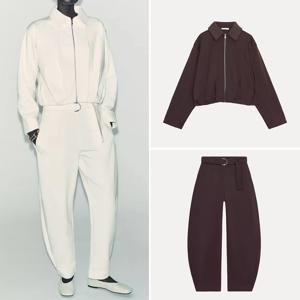 자다테 여성용 파일럿 재킷 코트 벨트 포함 2025 신상 하이웨이스트 롱 팬츠 패션 세트 반팔 롱 칼라 유럽 스타일