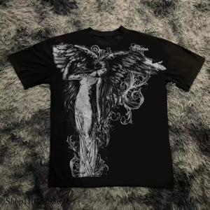 클래식 Y2K 고딕 스타일 티셔츠 프린트 오버사이즈 티셔츠 하이 스트리트 셔츠 고딕 라운드넥 코튼 탑스 신상 남녀 공용 티셔츠