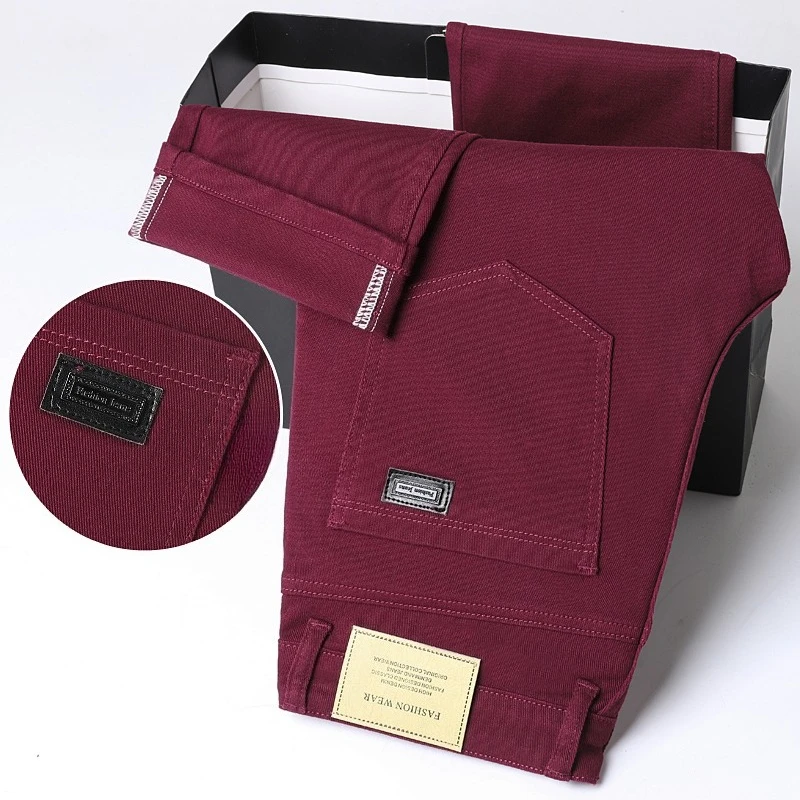 와인 레드 진 남성 패션 캐주얼 클래식 스타일 비즈니스 스트레이트 슬림 핏 바지 남성 고급 바지 6가지 색상 플러스 사이즈 28-44