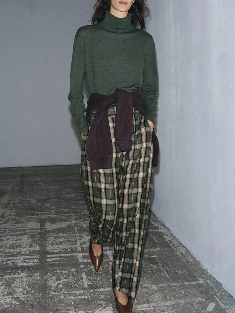 달콤한 캐주얼 편안한 체크 무늬 바지 여성 패션 가을 새로운 도착 하이 웨이스트 스트레이트 레그 팬츠 다목적 루즈핏