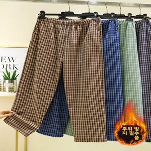 남성용 격자 무늬 플란넬 파자마 바지 루즈핏 신축성 있는 허리 홈 바지 양털 안감 스트레이트 레그 롱 바지 겨울 의류