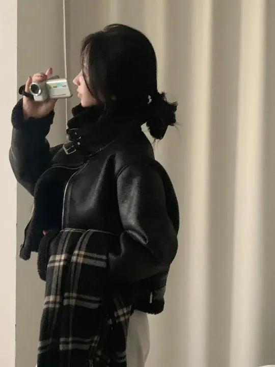 레트로 한국 스타일 스웨이드 모터사이클 재킷 여성용 루즈 캐주얼 패셔너블 코튼 아우터웨어 봄 가을 겨울용