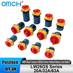 OMCH 440V 실버 접점 LW26GS 시리즈 패드락 로터리 캠 스위치 20/32/63A 온-오프 두 위치 48x48mm 64x64mm 1/2/3/4 폴