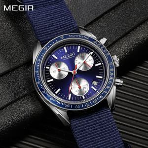 MEGIR 크로노그래프 캔버스 스트랩 남성 스포츠 쿼츠 시계 방수 달력 캐주얼 손목시계 24시간 표시 남성용 시계