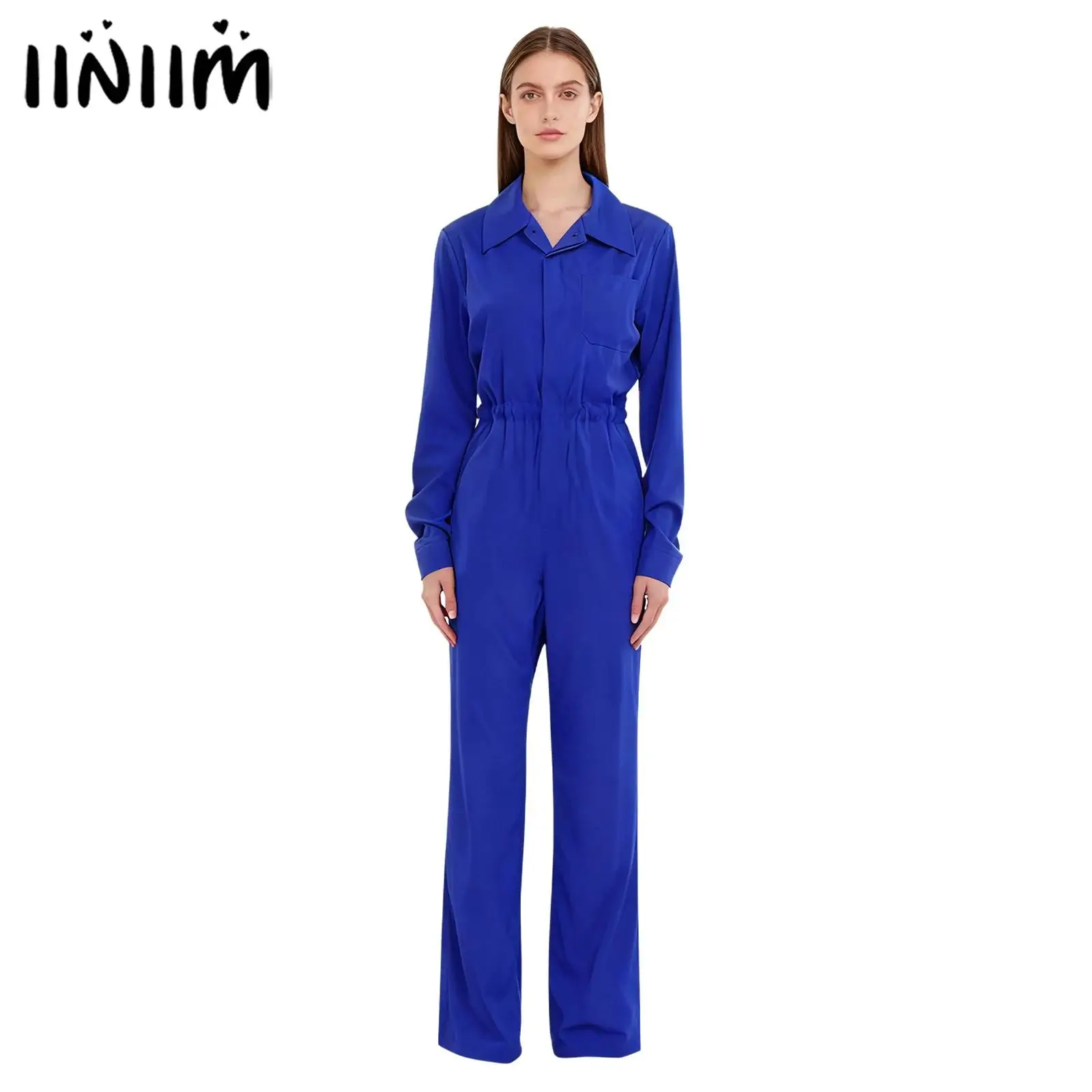 여성용 버튼 작업복 롬퍼 캐주얼 단색 턴다운 칼라 버튼 플랩 긴팔 정비공 작업복 점프수트