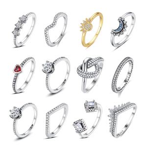 원래 925 스털링 실버 반지 사랑 심장 위시 본 문 태양 반지 크리스탈 로즈 골드 여성을위한 결혼 선물 럭셔리 쥬얼리