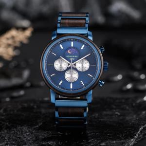 나무 시계 보보 버드 2022 새로운 패션 탑 남자 문페이즈 석영 손목 시계, 새겨진 시계 사용자 정의 로고 좋은 선물 상자