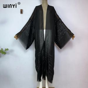 WINYI 2023 여성용 보헤미안 골드 스레드 모노크롬 우아한 캐주얼 드레스, 아프리카 가디건, 여성용 겉옷, 여름 섹시 기모노
