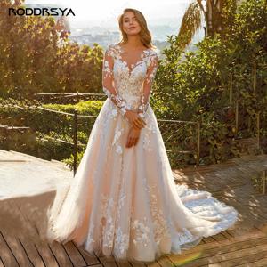 RODDRSYA 맞춤형 우아한 레이스 a 라인 웨딩 드레스 긴 소매 신부 가운 Applique o-neck Sweep Train vestidos de novia