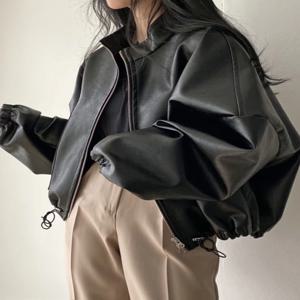여성용 펑크 블랙 가죽 재킷, 루즈 지퍼 크롭 가죽 재킷, 캐주얼 모토 바이커 스트리트웨어 가죽 코트, 겨울