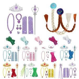 여아용 겨울왕국 엘사 안나 신데렐라 공주 액세서리, 코스프레 드레스, 나비 매듭 장갑, 왕관 지팡이 목걸이 팔찌