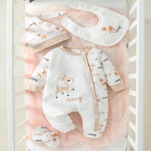 4Pcs 아기 소녀 긴 소매 올 ​​시즌 만화 사슴 오픈 스티치 목회자 점프 슈트 + 턱받이 + 장갑 + 모자