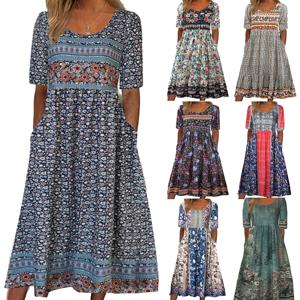 2025 여름 신작 여성 보헤미아 루즈 패션 프린트 라운드 넥 반팔 롱 드레스
