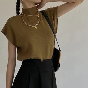 여름 프렌치 스타일 시니어 감성 하프 하이넥 재킷 니트 조끼 디자인 감성 루즈핏 반팔 스웨터 탑