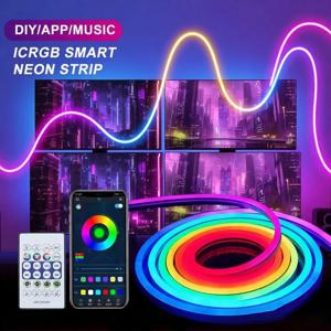 블루투스 앱 제어, 음악 동기화, 방수 기능을 갖춘 USB RGBIC 네온 LED 스트립 조명, 게임룸 파티 장식용