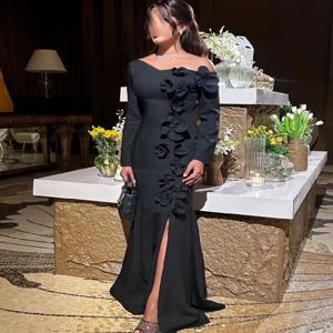 맞춤형 목관 저지 플리츠 수제 꽃 트럼펫 오프 숄더 롱 드레스, 연예인 드레스, 우아한 모던 스타일