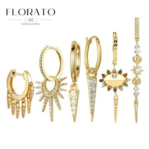 여성을위한 925 실버 바늘 리벳 Micropaved 지르콘 펜던트 후프 귀걸이 펑크 빈티지 귀걸이 패션 파티 쥬얼리 선물