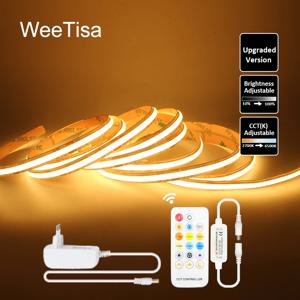 1M 2M 3M 4M 5M CCT COB LED 스트립 조명 24V 유연한 리본 WW CW 2700-6500K 원격 제어 EU 세트가 있는 디밍이 가능한 선형 조명