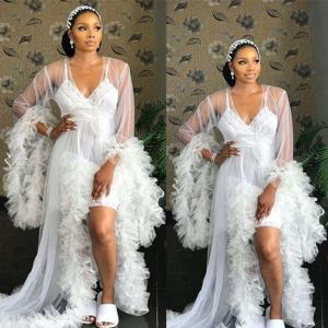 맞춤형 러플 웨딩 로브, 임신 파티 구김 출산 드레스, 쉬어 잠옷, 긴 재킷, 이브닝 원피스