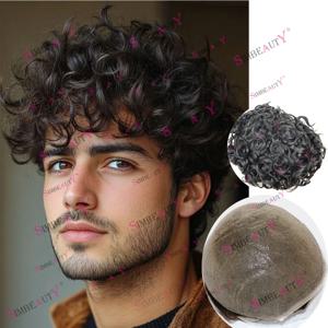 28mm 곱슬 웨이브 울트라 얇은 피부 자연 헤어 라인 0.02mm 전체 V 루프 남자 Toupee 1B65 블랙 그레이 인간의 머리카락 보철물 80% 밀도