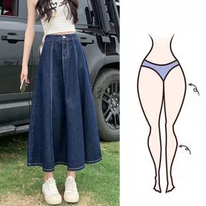 봄 여름 여성용 미디 스커트 하이웨이스트 A라인 코튼 데님 플리츠 슬리밍 스커트 캐주얼 출퇴근 스타일 중간 길이
