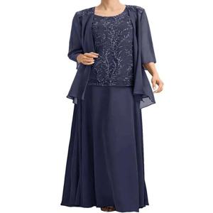 신부 드레스의 맞춤형 어머니 아플리케 레이스 자켓 쉬폰 2 조각 웨딩 게스트 드레스 3/4 슬리브 정장 이브닝 드레스