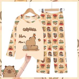 Capibara Kids Pajama 세트 소년/소녀를위한 귀여운 동물 프린트 부드러운 잠옷이있는 긴 소매 Loungewear 만화 수면 바지 복장