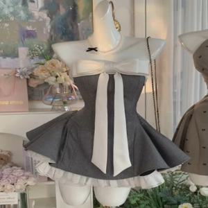 여름 새로운 빈티지 우아한 여자 드레스 Strapless 활 패치 워크 높은 허리 푹신한 미니 드레스 여성 프랑스어 세련된 섹시한 의상 2025