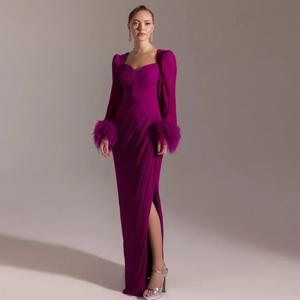 우아한 쉬폰 긴 소매 홈커밍 드레스 섬세한 맞춤형 깃털 이브닝 드레스 모던 스위트하트 베스티도 데 노체